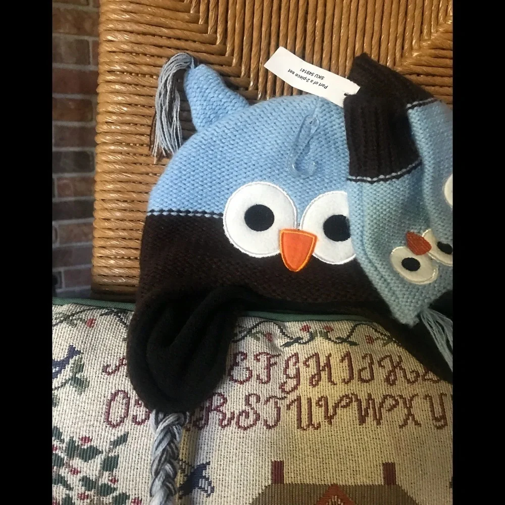 💙 Baby Owl Crochet 3-piece Hat And Matching Warmers